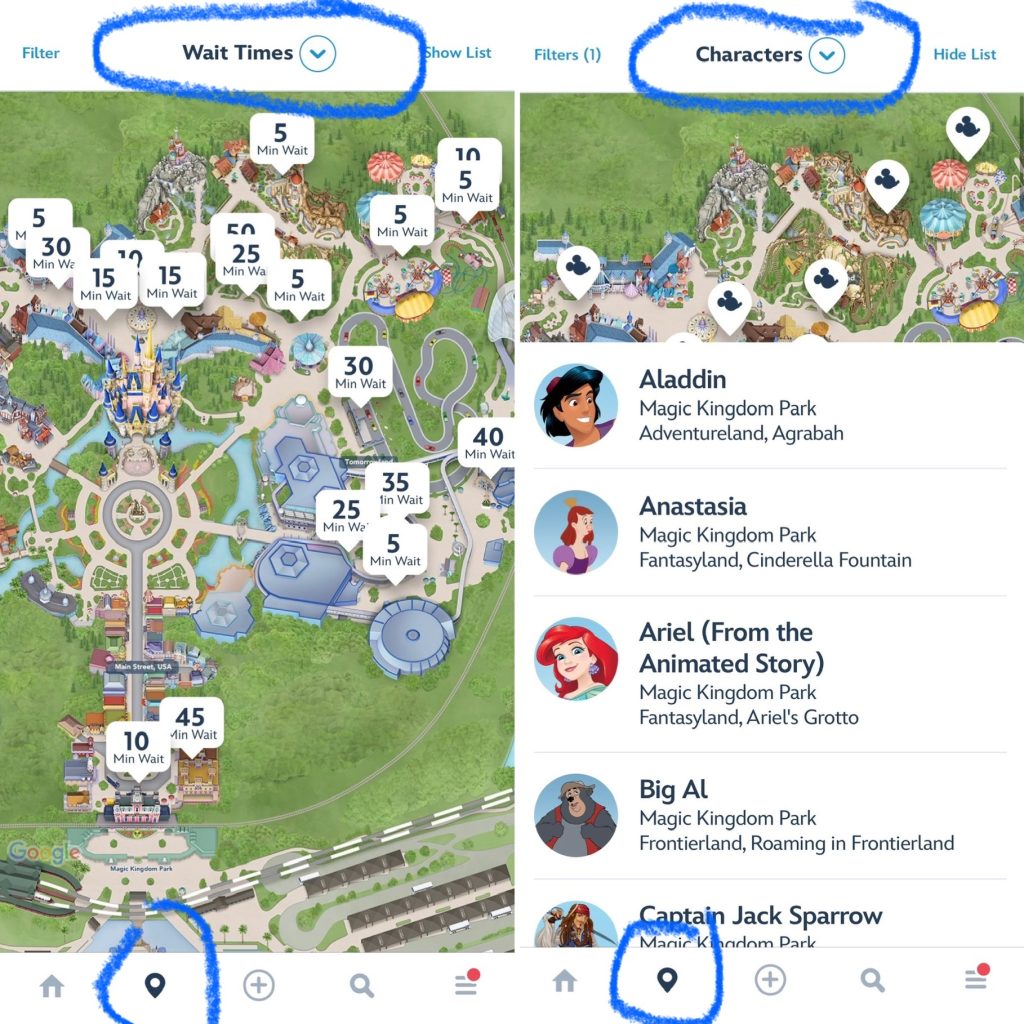 disney world app how to find character meet greets