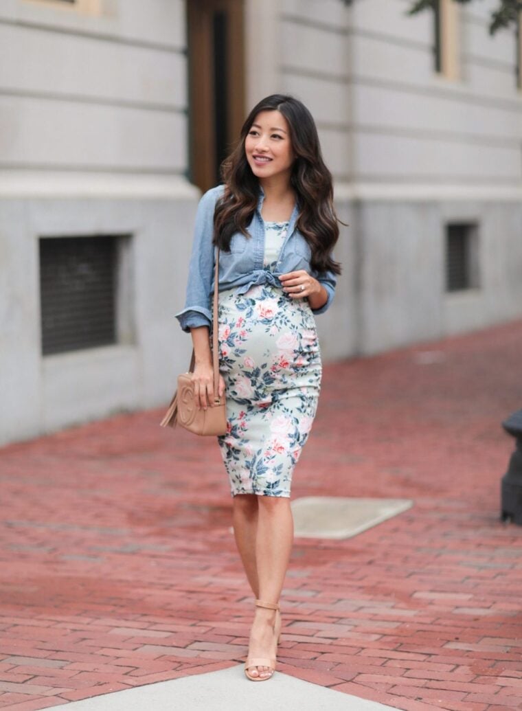 floral print maternity dress third trimester outfit ideas