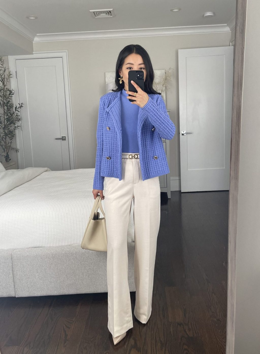ann taylor blue cardigan jacket spring work outfit