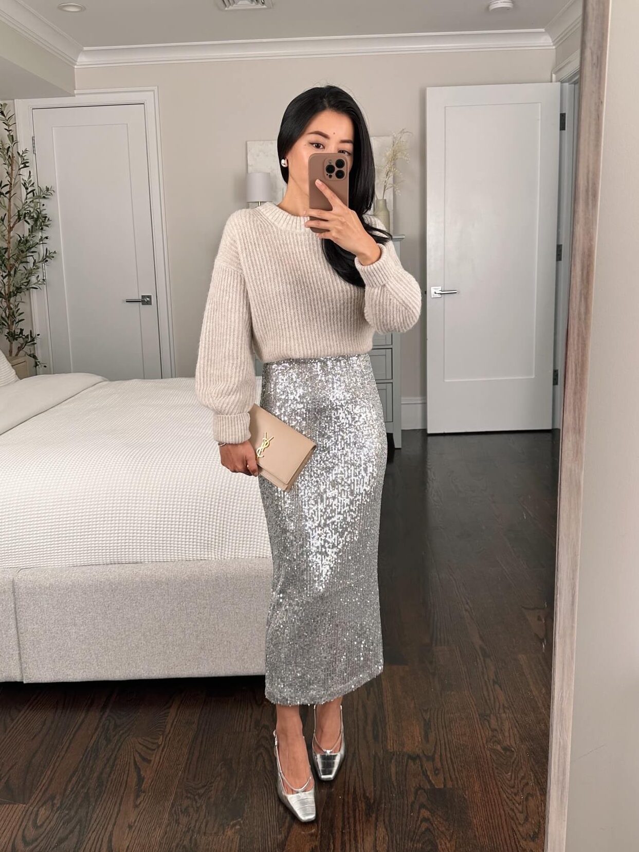 everlane sweater with sequin midi skirt
