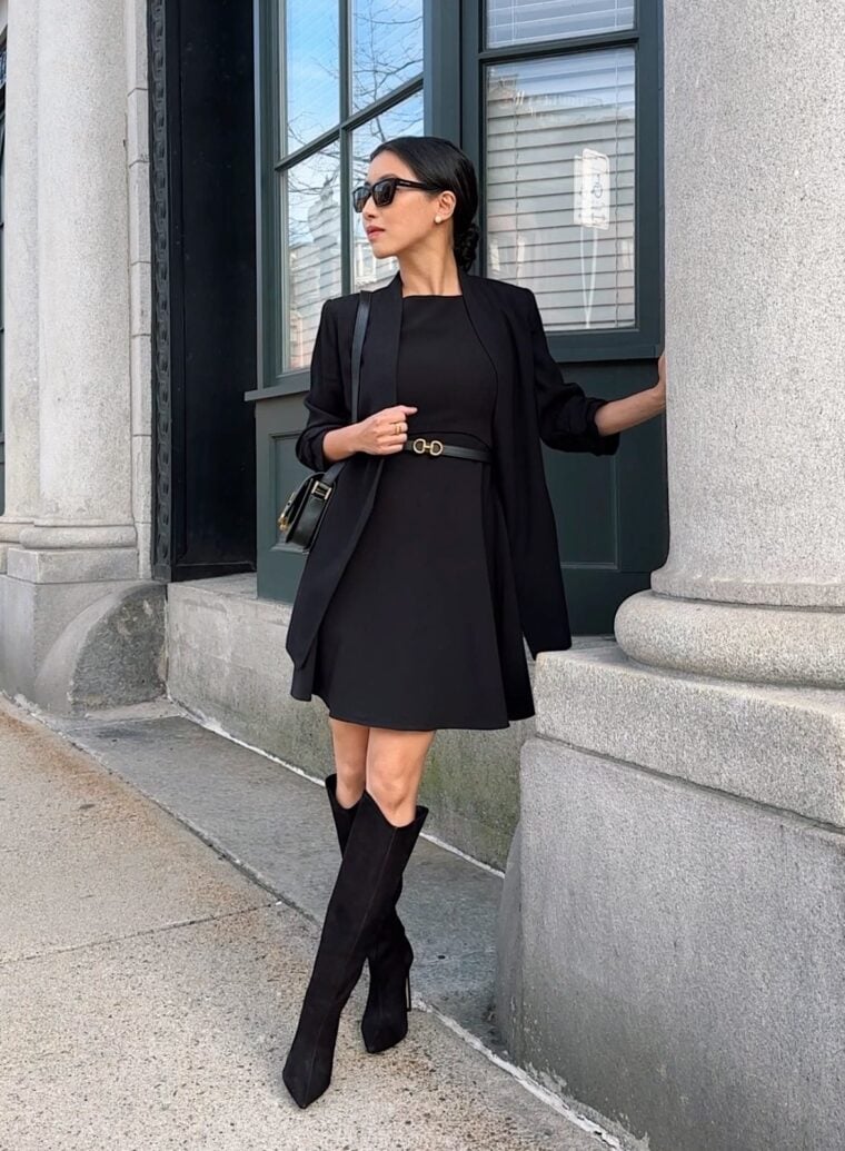 black dress schutz maryana boots petite fall outfit