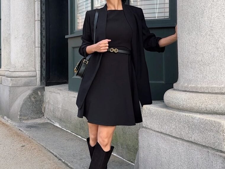 black dress schutz maryana boots petite fall outfit