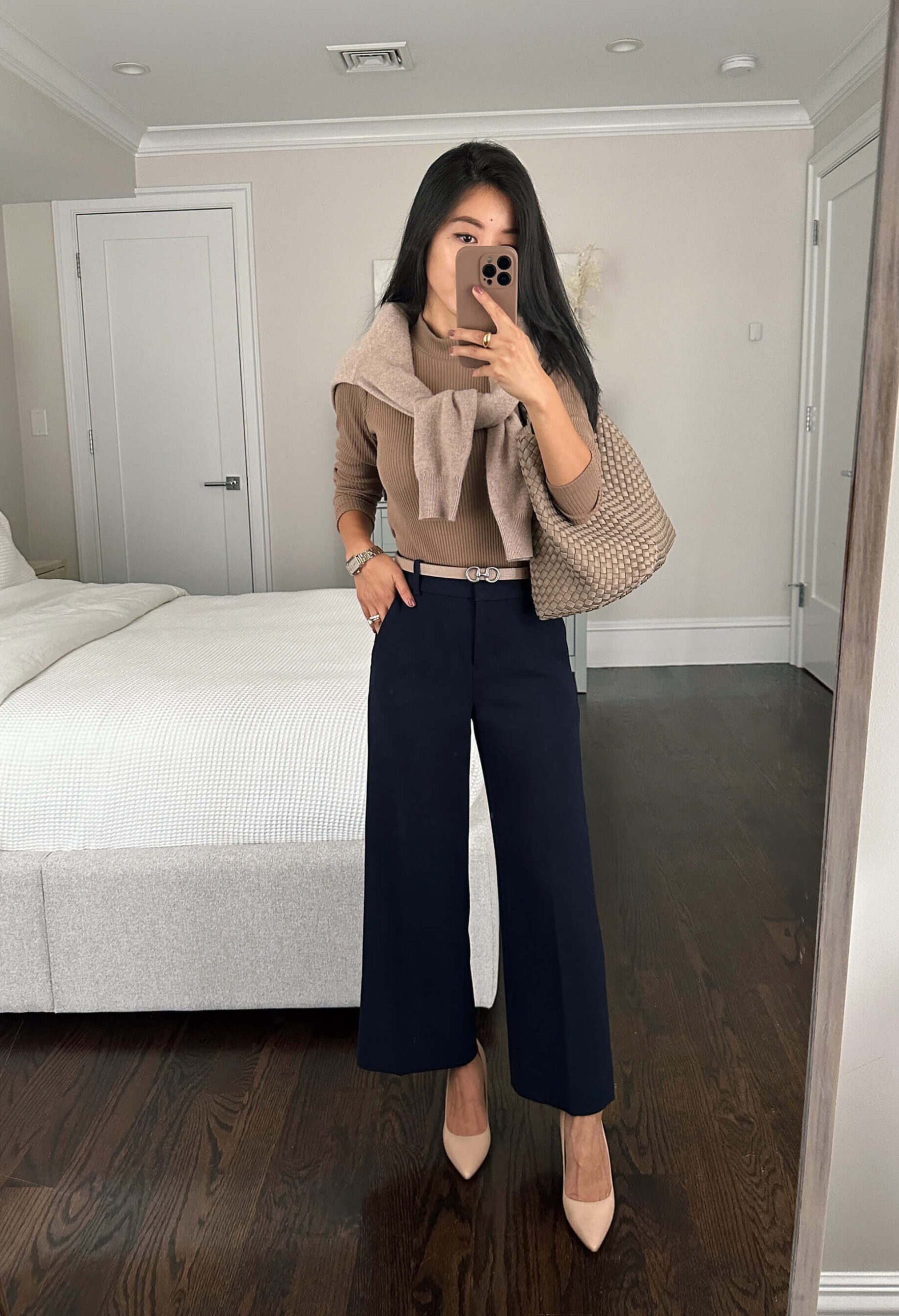 fall work outfit jcrew sydney petite navy pants