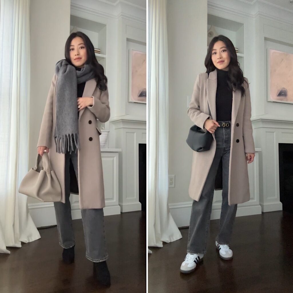 petite winter long coat layering outfit