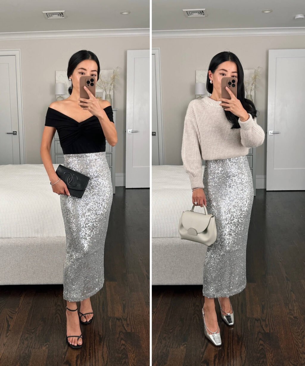 petite midi sequin skirt holiday outfit ideas