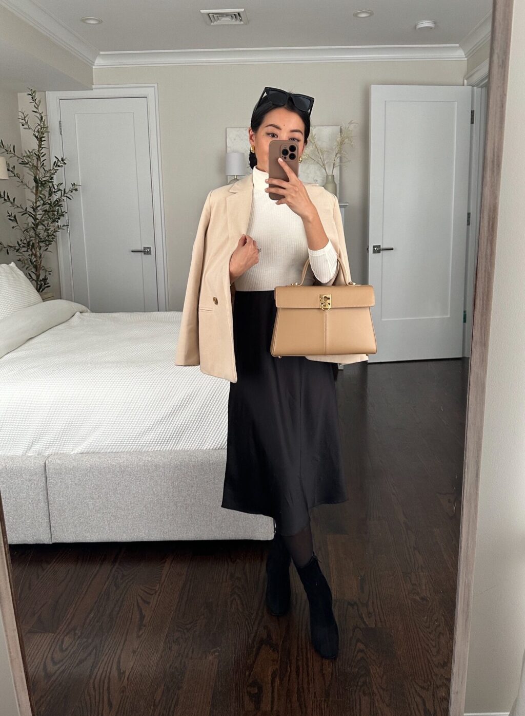 Petite slip skirt winter work outfit