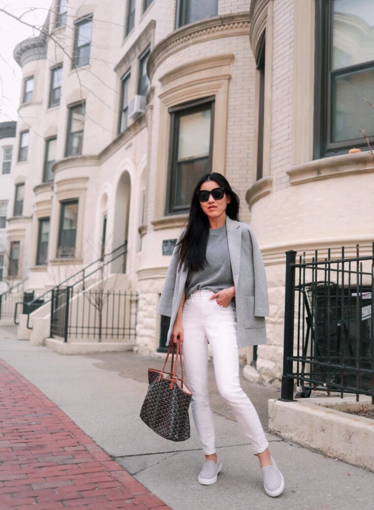 jcrew sophie cardigan petite white jeans styling outfit idea