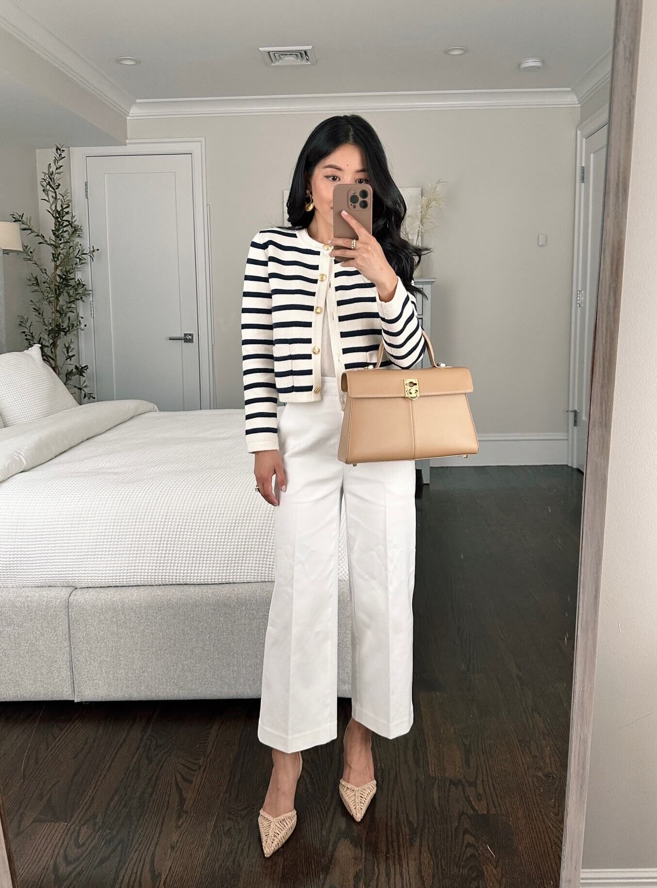 jcrew sydney crop pants emiie striped sweater cardigan