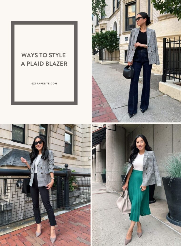 petite Ann Taylor plaid blazer how to style