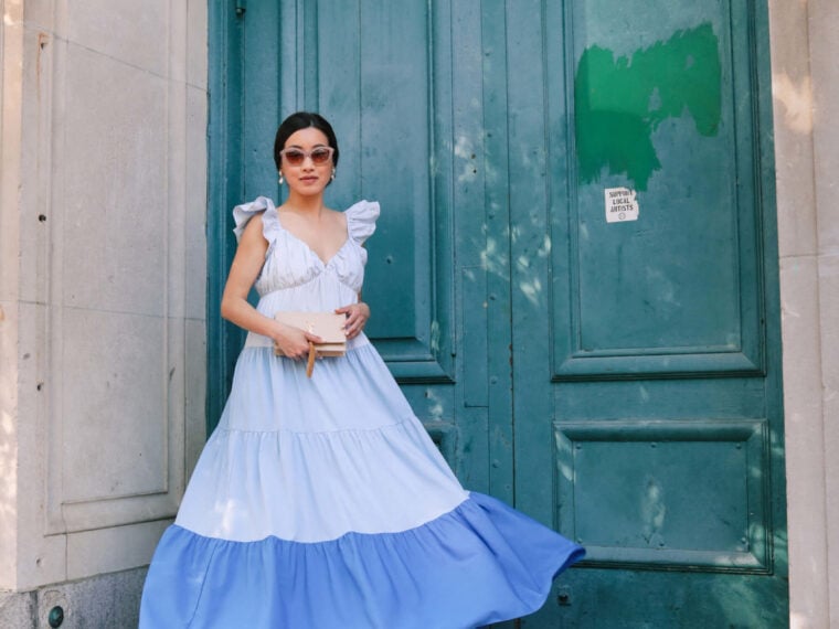 blue color block tiered summer dress