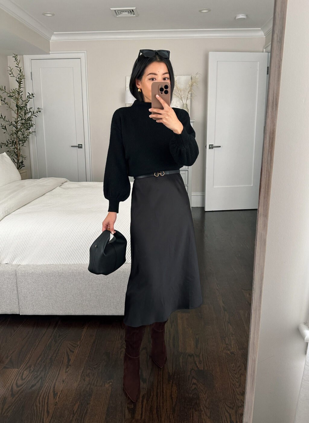 Petite holiday slip skirt fall winter outfit ideas