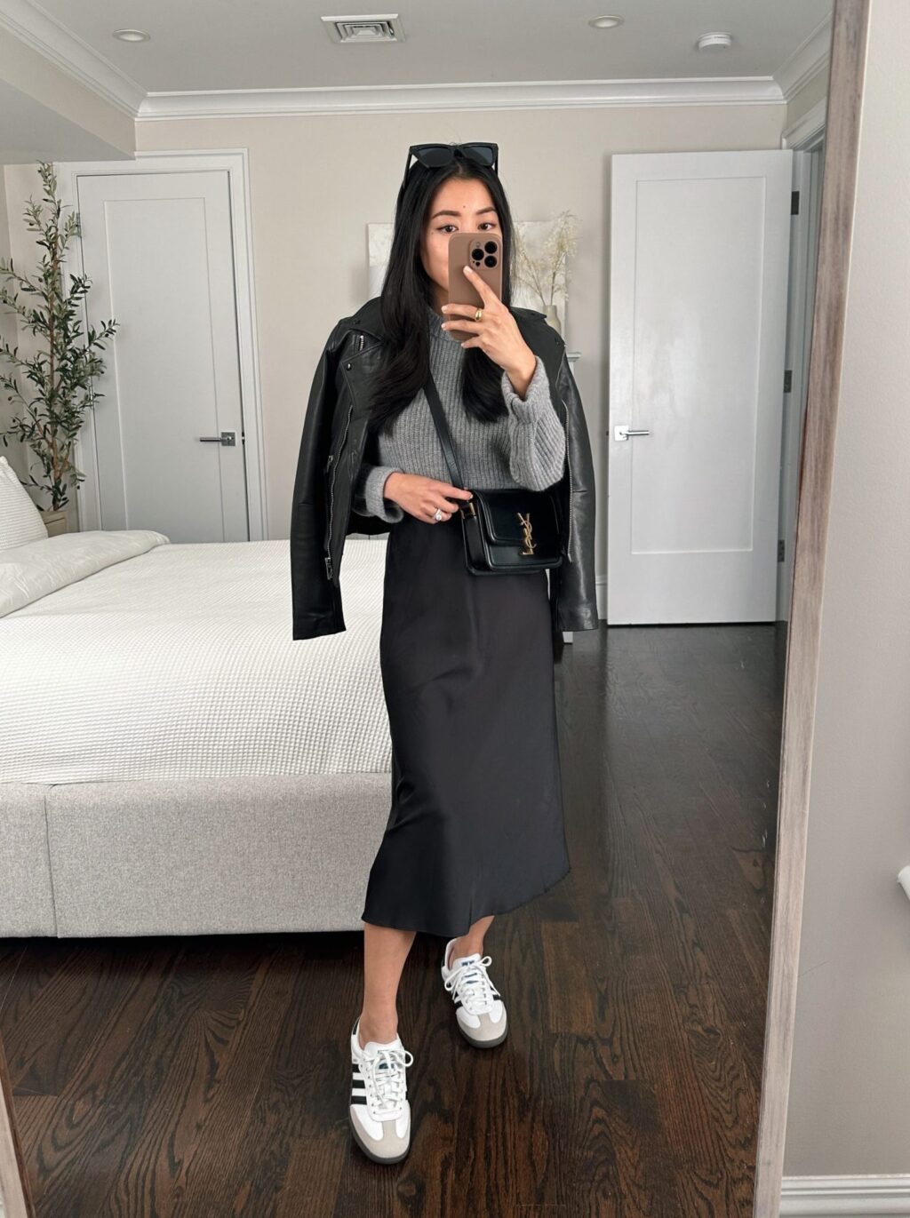 Casual way to wear a slip skirt petite fall outfit adidas sambas