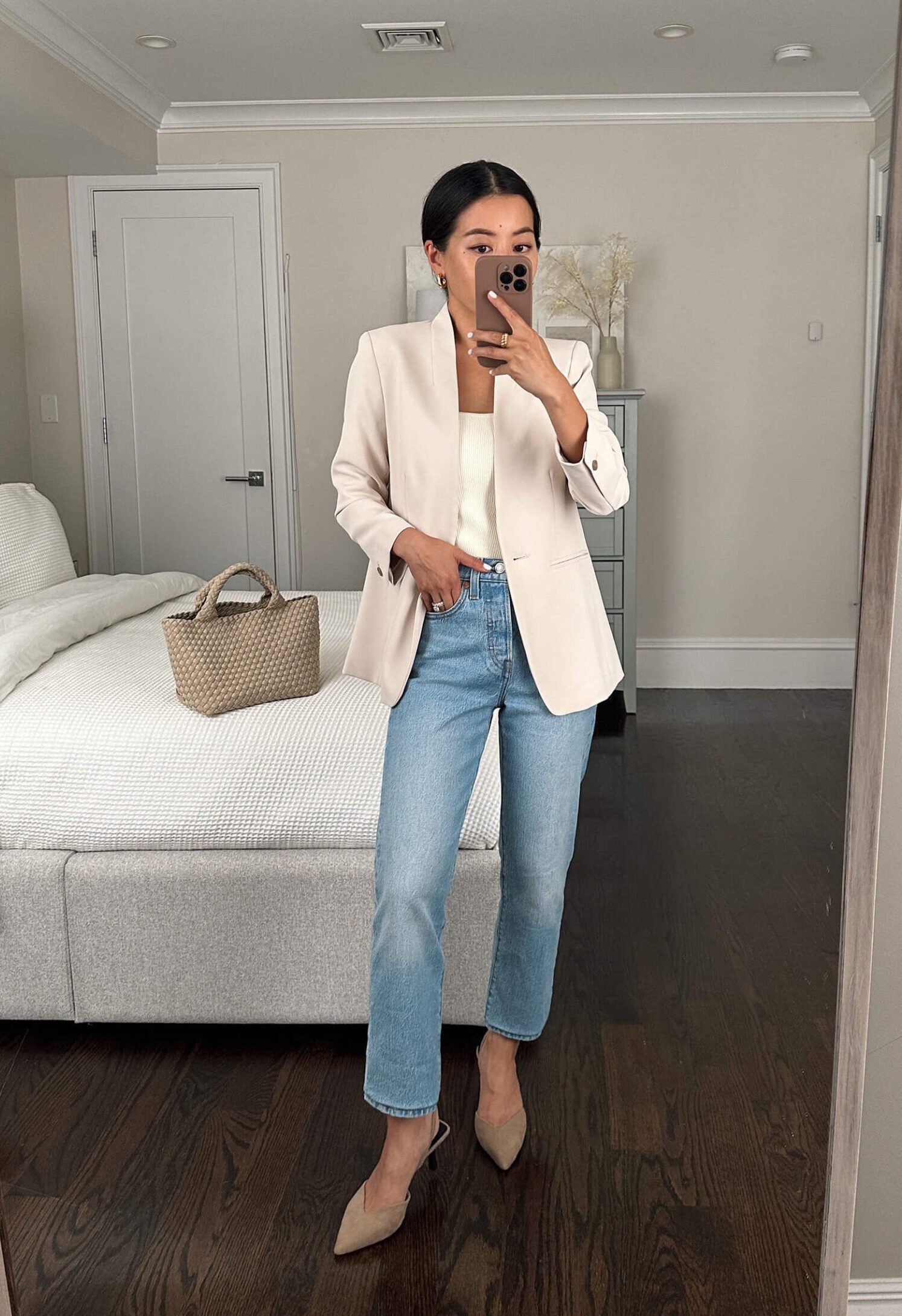 white blazer jeans summer work outfit