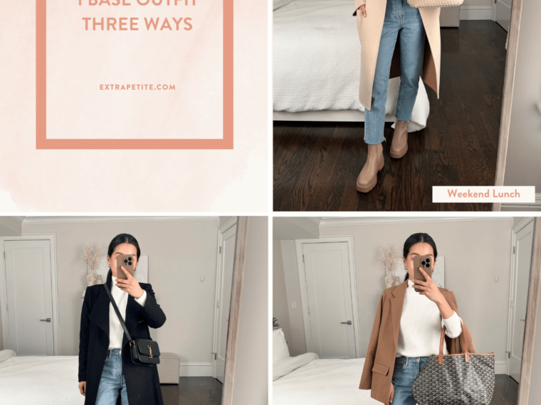 three ways to style jeans and a white mockneck sweater